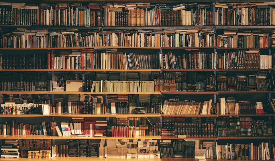 Tall shelves of books in a quiet library